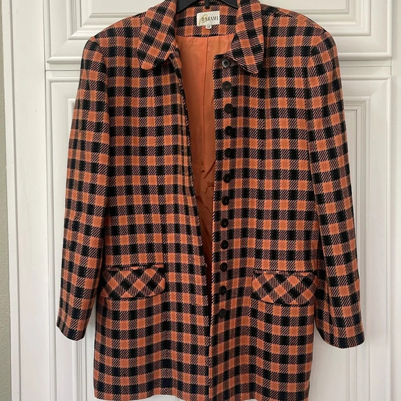 barami Jackets & Blazers - Vintage BARAMI 100% WOOL COAT BLAZER SZ 12 FULLY LINED BLACK ORANGE HOUNDSTOOTH